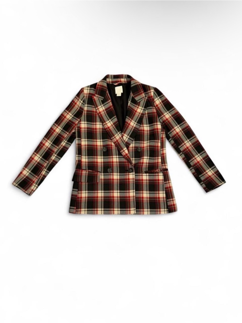 H&M Red Black Cream Plaid Double-Breasted Blazer